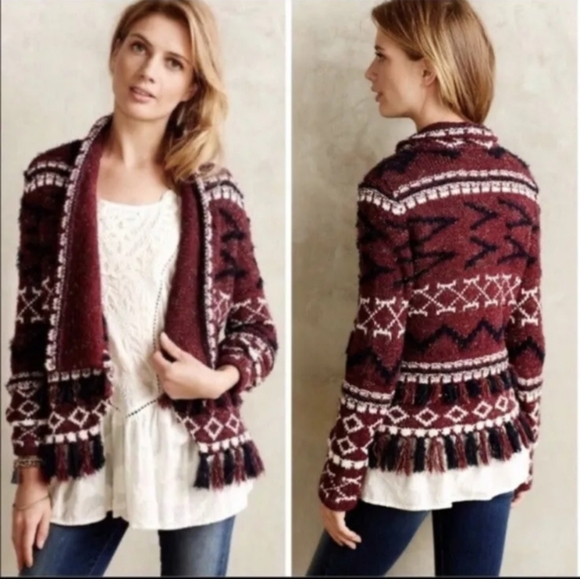 Anthropologie Moth Veras Cardigan Small Wine Red And Midnight Blue - Picture 2 of 15